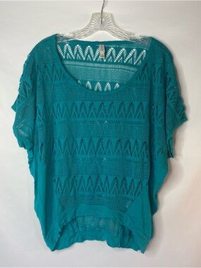 XHILARATION WOMENS TEAL CROCHET TOP SZ L HI-LOW SHORT SLEEVE LIGHTWEIGHT